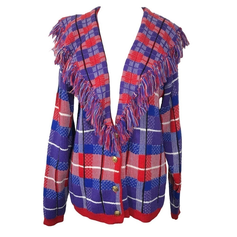 Vintage 1991 Gene Ewing Bis Knit Fringe Collar Flannel Cardigan Wool MEDIUM